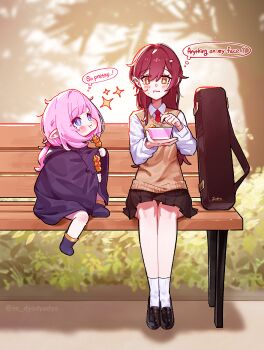 2girls aged_down bench black_cloak black_skirt blue_eyes blush bright_pupils brochette brown_cardigan brown_hair cardigan cloak commentary dyadyadya eating eden_(honkai_impact) elysia_(honkai_impact) english_commentary english_text food food_in_mouth highres honkai_(series) honkai_impact_3rd instrument_case long_hair multiple_girls necktie on_bench outdoors pink_hair pink_pupils red_necktie school_uniform shirt skirt speech_bubble twitter_username white_pupils white_shirt yellow_eyes