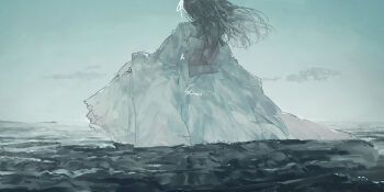 1girl absurdres artist_name commentary_request dress from_behind highres in_water long_hair official_alternate_costume original scenery shiloroshi sky solo white_dress