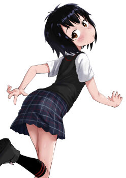 Rule 34 | 1girl, absurdres, black hair, black shoes, black skirt, black socks, brown eyes, commentary request, foot out of frame, highres, looking at viewer, looking back, marvel, peni parker, pleated skirt, rinsun (duug7323), school uniform, shoes, short sleeves, simple background, skirt, socks, solo, spider-man: into the spider-verse, spider-man (series), spider-verse, white background