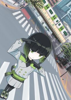1girl absurdres black_gloves black_hair borrowed_character bow bowtie collared_shirt east_japan_railway_company gloves gradient_bow gradient_hair green_bow green_bowtie green_eyes green_hair grey_shorts highres jr_east_e235_series lamppost looking_at_viewer multicolored_bow multicolored_hair multiple_unit_train original pantyhose personification road road_sign shirt shoes short_hair shorts sign street train veronal_oisiiyo