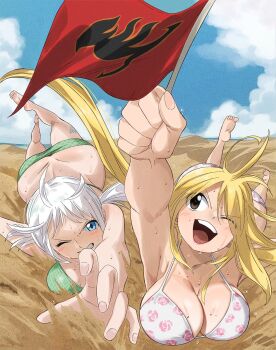 Rule 34 | 2girls, alternate costume, beach, bikini, blonde hair, blue eyes, blue sky, breasts, brown eyes, cloud, day, fairy tail, fairy tail logo, flag, gaston18, green bikini, highres, holding, holding flag, large breasts, lisanna strauss, lucy heartfilia, mini flag, multiple girls, one eye closed, open mouth, outdoors, print bikini, red flag, shirt, sky, swimsuit, teeth, upper teeth only, white bikini, white shirt