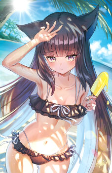 1girl absurdres animal_ears arm_up armpits beach bikini black_bikini black_hair blue_sky breasts cat_ears closed_mouth flat_chest food frilled_bikini frills highres holding holding_food holding_ice_cream ice_cream long_hair looking_at_viewer madopen myuu_(wixoss) navel outdoors sand sky small_breasts solo swimsuit twintails very_long_hair water wet wixoss yellow_eyes