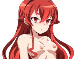 Rule 34 | 1girl, abysswatchers, armpit crease, black hairband, breasts, close-up, closed mouth, completely nude, eris greyrat, eyebrows hidden by hair, hair between eyes, hairband, long hair, mushoku tensei, nipples, nude, red eyes, red hair, simple background, small breasts, solo, upper body, very long hair, white background