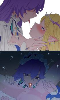 cantarella_(wuthering_waves) cartethyia_(wuthering_waves) clothed_female_nude_female commentary_request cunnilingus drooling earrings elf facial_mark headdress highres imminent_cunnilingus jewelry kiss mark_under_eye multiple_earrings nude oral parted_bangs pointy_ears purple_nails saliva siff59 tacet_mark_(wuthering_waves) wuthering_waves yuri