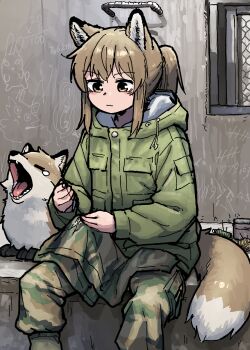 Rule 34 | 1girl, :3, absurdres, animal ear fluff, animal ears, blush stickers, brown eyes, brown hair, camouflage, camouflage pants, dot nose, drawstring, fox, fox ears, fox girl, fox girl (yihan world), fox tail, green jacket, highres, holding, holding needle, hood, hood down, hooded jacket, jacket, light blush, long sleeves, medium hair, military jacket, needle, original, pants, ponytail, sewing, sewing needle, sidelocks, sitting, solo, tail, tally, yawning, yihan world