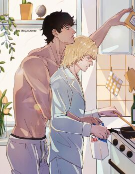 2boys black_hair blonde_hair chi.:_chikyuu_no_undou_ni_tsuite cooking cowboy_shot flower globe hair_between_eyes highres holding holding_saucepan holding_spoon jacket kitchen male_focus medium_hair milk_carton multiple_boys oven_mitts pants parted_lips plant potted_plant scar scar_on_face scar_on_nose short_hair spoon stove sweatpants syuoutenze topless_male tulip twitter_username white_jacket white_pants wooden_spoon yaoi yellow_flower