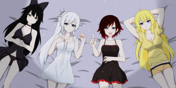 4girls :d absurdres ahoge arms_behind_head bed_sheet black_hair black_panties blake_belladonna blonde_hair blue_eyes bow breasts cleavage grey_eyes hair_ornament hand_on_own_stomach highres jewelry large_breasts lingerie long_hair lying multiple_girls navel necklace negligee nightgown nightshirt on_back open_mouth own_hands_together panties pointing ponytail purple_eyes red_hair ruby_rose rwby see-through_clothes self-upload shikniful short_hair short_shorts shorts smile underwear underwear_only very_long_hair weiss_schnee white_hair yang_xiao_long yellow_eyes