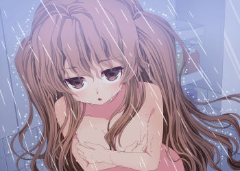 1girl absurdres after_rape breast_hold breasts brown_eyes brown_hair collarbone commentary_request covering_breasts covering_privates crossed_arms female_focus fingernails hair_between_eyes highres indoors long_hair looking_at_viewer nude original parted_lips rape shampoo_bottle showering small_breasts solo suzune_rai tile_wall tiles two_side_up very_long_hair water wet wet_hair