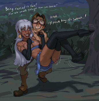 1boy 1girl atlantis:_the_lost_empire black_gloves black_thighhighs breasts breasts_out brown_hair carrying commentary dark-skinned_female dark_skin elbow_gloves english_commentary english_text glasses gloves highres kidagakash large_breasts long_hair milo_james_thatch nipples pears_(pears_pears) princess_carry round_eyewear short_hair thighhighs white_hair