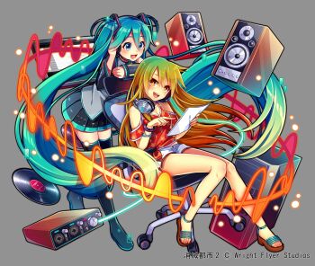 2girls :d absurdly_long_hair aqua_eyes aqua_hair black_footwear black_skirt blonde_hair blush boots bracelet breasts chair cleavage clothing_cutout commentary_request computer computer_tower detached_sleeves gradient_hair green_hair grey_background grey_shirt hair_between_eyes hand_on_headphones hatsune_miku headphones headphones_around_neck highres holding holding_paper jewelry leaning_on_object long_hair looking_at_another looking_at_viewer miniskirt multicolored_hair multiple_girls nou_(nounknown) official_art open_mouth paper pleated_skirt pointing print_shirt red_shirt sandals shirt short_shorts short_sleeves shorts shoulder_cutout shoumetsu_toshi_2 skirt smile speaker star_(symbol) star_print swivel_chair thigh_boots thighhighs tied_shirt twintails very_long_hair vinyl_record vocaloid watermark waveform white_shorts yellow_eyes