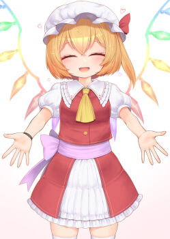 Rule 34 | 1girl, :d, absurdres, ascot, blonde hair, blush, bow, buttons, closed eyes, commentary request, cowboy shot, crystal, double-parted bangs, facing viewer, fangs, flandre scarlet, frilled shirt collar, frilled skirt, frills, gradient background, hair between eyes, harunoha, hat, hat bow, heart, highres, incoming hug, mob cap, one side up, open mouth, outstretched arms, pink background, pink bow, pink ribbon, pov adoring, puffy short sleeves, puffy sleeves, red bow, red skirt, red vest, ribbon, short sleeves, side ponytail, skirt, skirt set, smile, solo, textless version, thighhighs, touhou, vest, waist bow, waist ribbon, white background, white hat, white thighhighs, wings, wristband, yellow ascot, zettai ryouiki