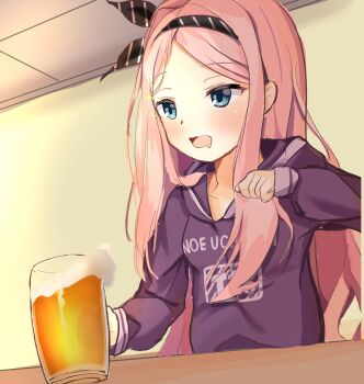 1girl alcohol beer beer_mug black_bow blue_eyes blush bow cafe_stella_to_shinigami_no_chou clenched_hand clothes_writing commentary_request cup drinking drooling forehead hair_bow hand_up highres holding holding_cup hood hood_down hoodie indoors long_hair long_sleeves looking_ahead mame4ba2525 mouth_drool mug open_mouth parted_bangs pink_hair purple_hoodie shioyama_suzune sidelocks sketch solo tsurime upper_body very_long_hair