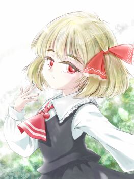 1girl 4183rumia absurdres ascot black_skirt black_vest blonde_hair commentary_request frilled_shirt_collar frills from_side hair_ribbon hand_up highres long_sleeves looking_at_viewer nail_polish parted_lips pink_nails red_ascot red_eyes red_ribbon ribbon rumia shirt short_hair skirt solo touhou upper_body vest white_mouth white_shirt
