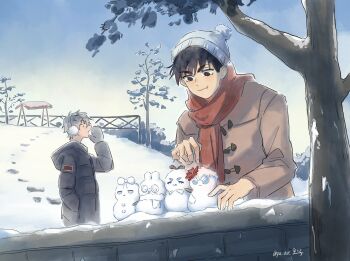 Rule 34 | 2boys, alien stage, beanie, black coat, black eyes, black hair, brown coat, character snowman, coat, commentary, earmuffs, english commentary, footprints, hand in pocket, hat, highres, ivan (alien stage), male focus, mittens, multiple boys, pom pom (clothes), pom pom beanie, puffy coat, red pupils, red scarf, scarf, snow, till (alien stage), tree, white hat, winter, yu uue