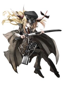 Rule 34 | 1girl, belt, black belt, black bow, black cape, black hat, black jacket, black necktie, black pants, blonde hair, bow, brown eyes, cape, eyepatch, flask, floating hair, grin, hat, hip flask, holding, holding sheath, holding sword, holding weapon, horn bow, horn ornament, horns, ibuki suika, jacket, kataru (ubw-emiya), long hair, long sleeves, necktie, pants, parted lips, peaked cap, scabbard, sheath, shirt, simple background, smile, solo, sword, touhou, weapon, white background, white shirt