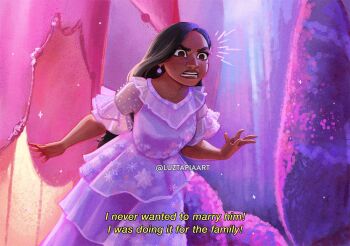 1girl black_hair brown_eyes brown_hair dark-skinned_female dark_skin dress earrings encanto flower hair_flower hair_ornament isabela_madrigal jewelry long_hair luztapiaart mole mole_under_eye purple_dress scene_reference solo