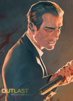 1boy black_hair black_jacket blood blood_on_hands blood_on_wall blue_eyes closed_mouth collared_shirt ctkcave hair_slicked_back holding holding_weapon jacket jeremy_blaire looking_at_viewer male_focus mature_male outlast shirt short_hair solo sweat sweatdrop teeth upper_teeth_only weapon white_shirt