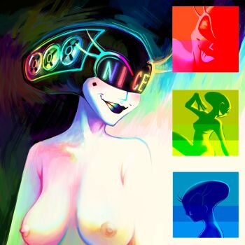 1girl black_lips black_nails blue_light breasts cleavage colored_skin cyberpunk deltarune electric_fan facial_mark glowing green_light grin head-mounted_display helmet highres large_breasts lipstick long_eyelashes looking_at_viewer looking_to_the_side makeup medium_breasts mole mole_under_eye nail_polish nipples nude open_mouth pale_skin personification queen_(deltarune) rainbow_gradient red_light rgb_lights scallybag01 screen_light silhouette smile solo teeth topless_female upper_body utdr_(toby_fox) white_skin