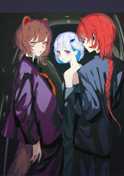 Rule 34 | 3girls, alternate costume, alternate hairstyle, ange katrina, animal ears, bare shoulders, black shirt, blue eyes, blue hair, blue jacket, blue pants, blue suit, blush, bodyguard, braid, brown hair, brown tail, closed mouth, colored inner hair, commentary request, dog ears, dog girl, dog tail, dress, earpiece, formal clothes, grey background, grey dress, hair behind ear, hair ornament, heterochromia, highres, inui toko, jacket, jewelry, kenshuusei (kensuuu0225), lize helesta, long hair, long sleeves, looking at another, looking at viewer, looking back, looking to the side, medium hair, multicolored hair, multiple girls, necktie, nijisanji, pants, parted lips, purple eyes, purple jacket, purple pants, purple suit, red eyes, red hair, red necktie, ring, sanbaka (nijisanji), shirt, single braid, smile, strapless, strapless dress, suit, suit jacket, tail, triangle hair ornament, two-tone hair, very long hair, virtual youtuber, white hair, yellow eyes