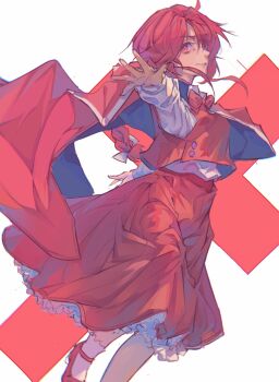 1girl ahoge bow bowtie braid braided_ponytail cloak commentary cross_background foreshortening hair_bow highres long_hair long_sleeves looking_at_viewer okazaki_yumemi outstretched_arms petticoat red_bow red_bowtie red_cloak red_eyes red_hair red_shoes red_skirt red_vest shirt shirt_tucked_in shoes skirt skirt_set socks solo symbol-only_commentary touhou touhou_(pc-98) vest white_bow white_shirt white_socks zsefvgy
