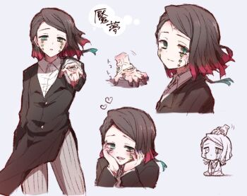 1boy arm_at_side asymmetrical_bangs black_hair black_jacket black_nails blush buttons character_name closed_mouth colored_tips commentary_request demon_boy enmu_(kimetsu_no_yaiba) expressionless facial_mark fang finger_tattoo floating_clothes green_eyes grey_background grey_pants half-closed_eyes hand_on_own_head hands_on_own_cheeks hands_on_own_face hanemuu head_rest heart incoming_attack jacket kanji_tattoo kimetsu_no_yaiba long_sleeves looking_at_viewer male_focus medium_hair misplaced_eyes misplaced_mouth motion_lines multicolored_hair multiple_views open_mouth outstretched_arm pants parted_lips pinstripe_pants pinstripe_pattern raised_inner_eyebrows reaching reaching_towards_viewer severed_hand simple_background smile sound_effects standing suit_jacket symbol-shaped_pupils tattoo tears_facial_mark teeth trap undershirt veins veiny_hands