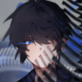Rule 34 | 1boy, black hair, blue eyes, closed mouth, commentary, dreamycakesss, english commentary, eye trail, hair over one eye, highres, light trail, long bangs, looking at viewer, male focus, one eye covered, original, portrait, serious, short hair, solo, split mouth
