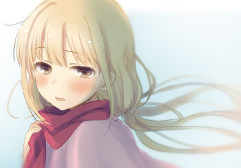Rule 34 | 1girl, blonde hair, blush, brown eyes, commentary request, futaba anzu, hair between eyes, idolmaster, idolmaster cinderella girls, long hair, looking at viewer, low twintails, parted lips, red scarf, scarf, simple background, solo, tobade (tbdfactory), twintails, upper body, very long hair