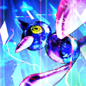 alternate_color blue_background commentary_request gen_4_pokemon glitch looking_at_viewer nintendo no_humans omega_takai pokemon pokemon_(creature) porygon-z shiny_pokemon solo yellow_eyes