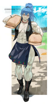 1girl abs absurdres black_boots black_jacket blue_hair blue_skirt boots borrowed_character breasts carrying carrying_over_shoulder carrying_under_arm character_request commentary commission double-parted_bangs english_commentary full_body half-closed_eye high_ponytail highres holding holding_sack jacket jewelry lace-up_boots long_hair looking_at_viewer medium_breasts muscular muscular_female navel necklace no_bra open_clothes open_jacket original outdoors park_ongjol pearl_necklace pleated_skirt ponytail raised_eyebrow red_eyes ring_light_reflection sack side_slit skirt sleeveless sleeveless_jacket slit_pupils smile solo standing stomach textless_version watermark wristband
