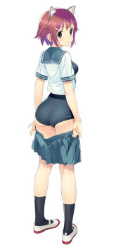 1girl animal_ear_fluff animal_ears ass black_one-piece_swimsuit black_socks blush brown_eyes brown_hair cat_ears clothes_pull commentary_request from_behind full_body grey_sailor_collar grey_skirt hair_ornament hairclip koutaro looking_at_viewer looking_back one-piece_swimsuit open_clothes open_shirt original pleated_skirt sailor_collar school_swimsuit school_uniform serafuku shirt shoes short_sleeves simple_background skirt skirt_pull socks solo standing swimsuit swimsuit_under_clothes uwabaki white_background white_shirt white_shoes