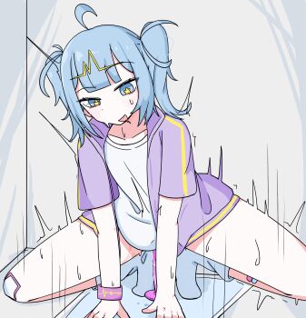 1girl absurdres ahoge blue_eyes blue_hair blush dildo dildo_riding hatsune_miku highres jacket masturbation medium_hair motion_lines open_clothes open_jacket open_mouth purple_jacket pussy_juice sex_toy shirt simple_background solo speech_bubble speed_lines squatting star-shaped_pupils star_(symbol) sweat symbol-shaped_pupils telepathy_(vocaloid) twintails voifoooork white_shirt