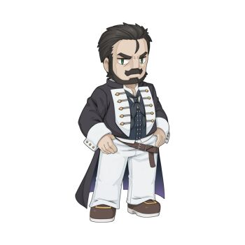 1boy beard belt black_jacket blue_vest brown_belt brown_shoes chibi chibi_only closed_mouth epesto_walther_megas facial_hair full_body green_eyes jacket looking_at_viewer male_focus mustache official_art pants ragnarok_online shirt shoes short_hair simple_background solo standing transparent_background v-shaped_eyebrows vest white_pants white_shirt yuichirou