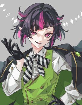 1boy arm_up black_gloves black_hair bow buttons commentary eyelashes gem gloves gold_trim green_gem green_vest hand_on_own_hip highres jacket lapels lilia_vanrouge long_sleeves male_focus multicolored_hair notched_lapels open_clothes open_jacket open_mouth pink_eyes pink_hair pointy_ears shirt sleeve_cuffs slit_pupils solo streaked_hair striped_bow symbol-only_commentary twisted_wonderland upper_body vest white_shirt yukino0ekaki