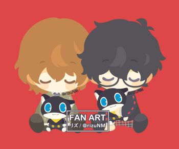 2boys akechi_gorou amamiya_ren black-framed_eyewear black_hair black_jacket blue_eyes blush_stickers brown_hair character_doll doll glasses grey_jacket jacket layered_sleeves male_focus morgana_(persona_5) multiple_boys parted_bangs persona persona_5 red_background rizu_(rizunm) school_uniform shoes short_hair shuujin_academy_school_uniform simple_background sitting watermark