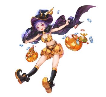1girl :d artist_request bat_wings black_boots black_cape black_hat boots bra breasts candy cape cape_hold cleavage commentary commentary_request cross-laced_bra english_commentary food full_body halloween halloween_bucket halloween_costume hat highres jack-o&#039;-lantern king&#039;s_raid korean_commentary lollipop medium_breasts miruru_(king&#039;s_raid) mixed-language_commentary navel official_alternate_costume official_art open_mouth orange_boots orange_bra orange_shorts pink_eyes pointed_footwear puffy_shorts pumpkin_hat_ornament purple_cape purple_hair purple_hat second-party_source short_hair shorts simple_background smile solo two-sided_fabric two-sided_headwear underwear white_background wings witch_hat wrapped_candy