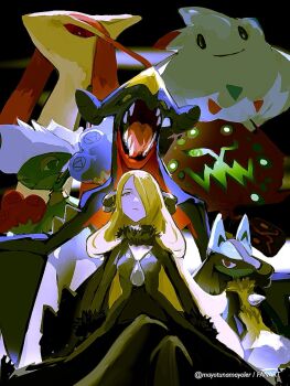 1girl black_coat black_collar black_pants blonde_hair closed_mouth coat collar commentary cynthia_(pokemon) from_below fur-trimmed_coat fur_collar fur_trim garchomp gen_3_pokemon gen_4_pokemon grey_eyes hair_ornament hair_over_one_eye long_hair lucario mayotsunamayo milotic nintendo pants pokemon pokemon_(creature) pokemon_dppt roserade spiritomb togekiss twitter_username