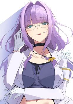 1girl :q absurdres aqua_eyes arm_under_breasts armband black_choker black_shirt blue_eyes blunt_bangs breasts buttons choker coat collarbone crop_top earrings glasses gloves hair_intakes hand_up heaven_burns_red highres higuchi_seika jacket jewelry lab_coat large_breasts licking_lips long_hair long_sleeves looking_at_viewer midriff mole navel necklace negino_yurine open_clothes open_coat open_jacket purple_hair purple_shirt rimless_eyewear shirt sidelocks simple_background smile solo stomach tongue tongue_out upper_body white_background white_coat white_gloves white_jacket
