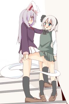 2girls animal_ears black_bow black_bowtie black_hairband black_socks blush bow bowtie brown_shoes closed_mouth collared_shirt commentary_request eye_contact foot_kabedon green_eyes green_skirt green_vest grey_hair hairband highres hitodama jacket kabedon konpaku_youmu konpaku_youmu_(ghost) loafers long_sleeves looking_at_another miniskirt multiple_girls necktie pleated_skirt purple_hair purple_jacket rabbit_ears rabbit_girl red_necktie reisen_udongein_inaba shirt shishiky shoes skirt skirt_set smile socks stairs sweat tiptoes touhou trembling vest white_shirt white_skirt yuri