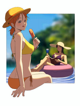 2girls bikini black_hair dark-skinned_female dark_skin food hat highres ice_cream multiple_girls nami_(one_piece) nico_robin one_piece orange_hair p5naq_pv summer swimsuit