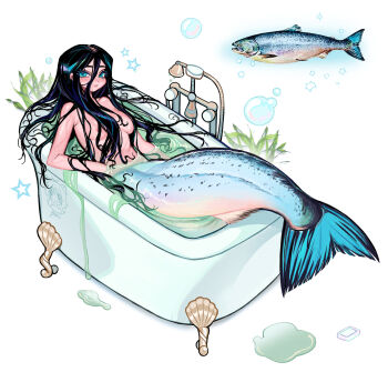 Rule 34 | 1girl, bathtub, black hair, blue eyes, breasts, bubble, claw foot bathtub, commentary, completely nude, convenient hair, english commentary, fish, full body, green water, hair over breasts, highres, in bathtub, long hair, looking to the side, mermaid, mermaid out of environment, mitsutadaki, monster girl, nude, original, partially submerged, seaweed, solo, star (symbol), water