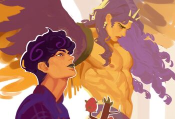 2boys abs afro battery_indicator curly_hair earrings gentleslowdance green_lips hashtag-only_commentary horns in-franchise_crossover jewelry jojo_no_kimyou_na_bouken jojolion kars_(jojo) locacaca long_hair looking_up makeup male_focus multiple_boys muscular muscular_male nipples purple_eyes purple_hair purple_shirt purple_wings red_eyes revealing_clothes shirt short_hair time_paradox tooru_(jojolion) topless_male wavy_hair winged_arms wings