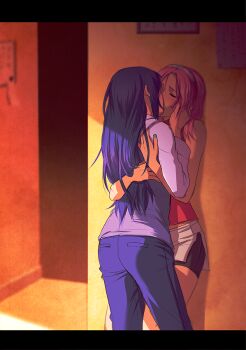 2girls against_wall ass bare_arms bike_shorts blue_hair closed_eyes couple day denim facing_another forehead_protector hair_ribbon hairband hand_in_another&#039;s_hair hand_in_own_hair hand_on_another&#039;s_back hand_on_another&#039;s_cheek hand_on_another&#039;s_face hand_on_back hand_on_face haruno_sakura hood hoodie hug hyuuga_hinata indoors jacket jeans kiss letterboxed long_hair multiple_girls nail_polish naruto_(classic) naruto_(series) naruto_shippuuden pants pink_hair ribbon room samurai-pet shirt shorts skirt sleeveless sleeveless_shirt slj standing sunlight wall yuri