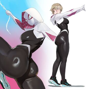 1girl animification blonde_hair blue_eyes bodysuit breasts highres hood hooded_bodysuit marvel mask medium_breasts mugi_(mugit49) nike_(company) shoes short_hair skin_tight smile sneakers solo spider-gwen spider-man_(series) spider-verse spider_web_print superhero_costume