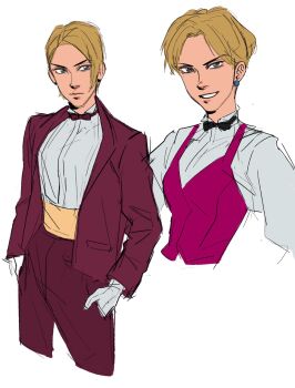 1girl blonde_hair bow dxhird female_focus formal_clothes fredrick gloves jacket king_(snk) shirt short_hair suit suit_jacket the_king_of_fighters tuxedo white_shirt