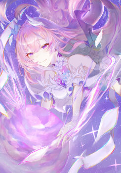 1girl absurdres amamechan1192 bare_shoulders breasts commentary cyrene_(honkai:_star_rail) cyrene_(ripples_of_past_reverie)_(honkai:_star_rail) diamond-shaped_pupils diamond_(shape) dress english_commentary highres holding_planet honkai:_star_rail honkai_(series) large_breasts long_hair pink_hair pointy_ears purple_eyes sky smile solo star_(sky) starry_sky symbol-shaped_pupils very_long_hair white_dress