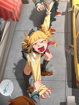 1boy 2girls absurdres ankle_monitor ass ass_freckles assisted_exposure black_socks blonde_hair blue_sailor_collar blue_skirt blunt_bangs blurry blurry_foreground body_freckles boku_no_hero_academia brown_hair brown_shoes can car cardigan clothes_pull commentary double_bun english_commentary freckles from_above grey_jacket hair_bun highres jacket khyle. leaning_forward loafers long_sleeves messy_hair monster_energy motor_vehicle multiple_girls neckerchief open_mouth pants pants_pull propaganda red_shoes sailor_collar school_uniform shirt shoes skirt sneakers socks spoken_object stain_(boku_no_hero_academia) sweatdrop syringe television toga_himiko u.a._school_uniform uraraka_ochako white_shirt yellow_cardigan