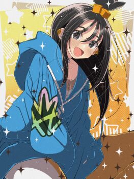 1girl black_hair blue_hoodie blush cube_hair_ornament fujiwara_hiro_(kaede_ciao) hair_ornament happy highres hood hood_down hoodie lida_(pokemon) long_hair long_sleeves looking_at_viewer nintendo open_mouth pokemon pokemon_legends:_z-a shirt smile solo