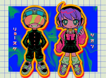 Rule 34 | 1boy, 1girl, ahoge, black pants, black skirt, black sweater vest, blue eyes, blush, blush stickers, bow, bowtie, bright pupils, cellphone, chibi, chibi only, collared shirt, commentary request, goggles, goggles on headwear, grin, headphones, helmet, highres, holding, holding phone, long sleeves, looking at viewer, menma (enaic31), open mouth, original, outline, pants, phone, pleated skirt, purple hair, purple shoes, red bow, red bowtie, shirt, shoes, short hair, skirt, smartphone, smile, sneakers, socks, sweater vest, teeth, tongue, tongue out, translation request, twitter username, white pupils, white shirt, white socks, yellow outline