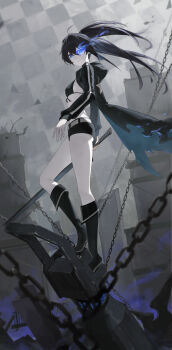 1girl absurdres belt bikini bikini_top_only black_bikini black_boots black_coat black_hair black_rock_shooter black_rock_shooter_(character) black_shorts blue_eyes boots chain coat flaming_eye floating_hair glowing glowing_eye hair_between_eyes hashtag-only_commentary highres long_hair no_shirt open_clothes open_coat pale_skin rock_cannon scar shorts solo swimsuit sword thighs twintails uneven_twintails weapon xuegao_ice