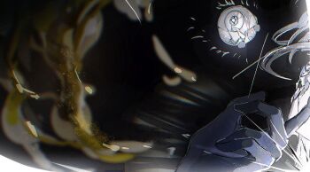 Rule 34 | 1other, androgynous, antarcticite, black gloves, collared shirt, colored eyelashes, commentary request, crystal shards, decapitation, dying, eyeball, finger to mouth, gem uniform (houseki no kuni), gloves, high collar, houseki no kuni, kashiba (iiiiii kasba), light rays, light smile, molten metal, other focus, scene reference, shirt, short hair, shushing, simple background, white eyelashes, white eyes, white hair, white shirt